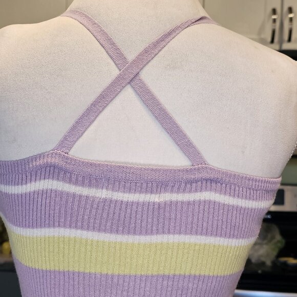 Y2K Pastel Cropped Halter Top Purple Ribbed Knit Cotton Criss Cross Straps Sz M - Picture 9 of 11